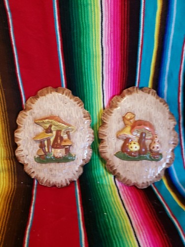 Vintage 70er Jahre MCM Set 2 erhaben 3-D Pilz Kreidegeschirr handbemalt Plakette Wandbild