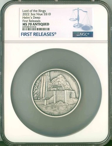 2022 Niue S$10 Lord Of The Rings Helm's Deep 3 Oz FR NGC MS70 Antiqued COA OGP
