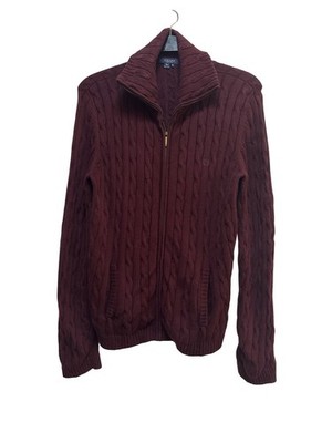 CHAPS Herren Strickjacke XL Bordeaux Zopfmuster 100% Baumwolle Cardigan