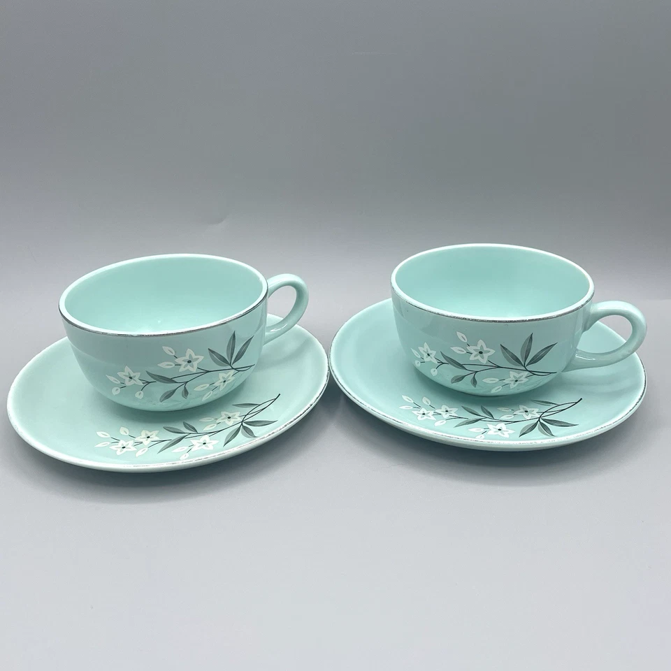 WS George GEO54 Tazas y Platillos - Juego de 2 - Aqua Floral Atomic Años 50 De Colección EE. UU. Foto 2 de 4
