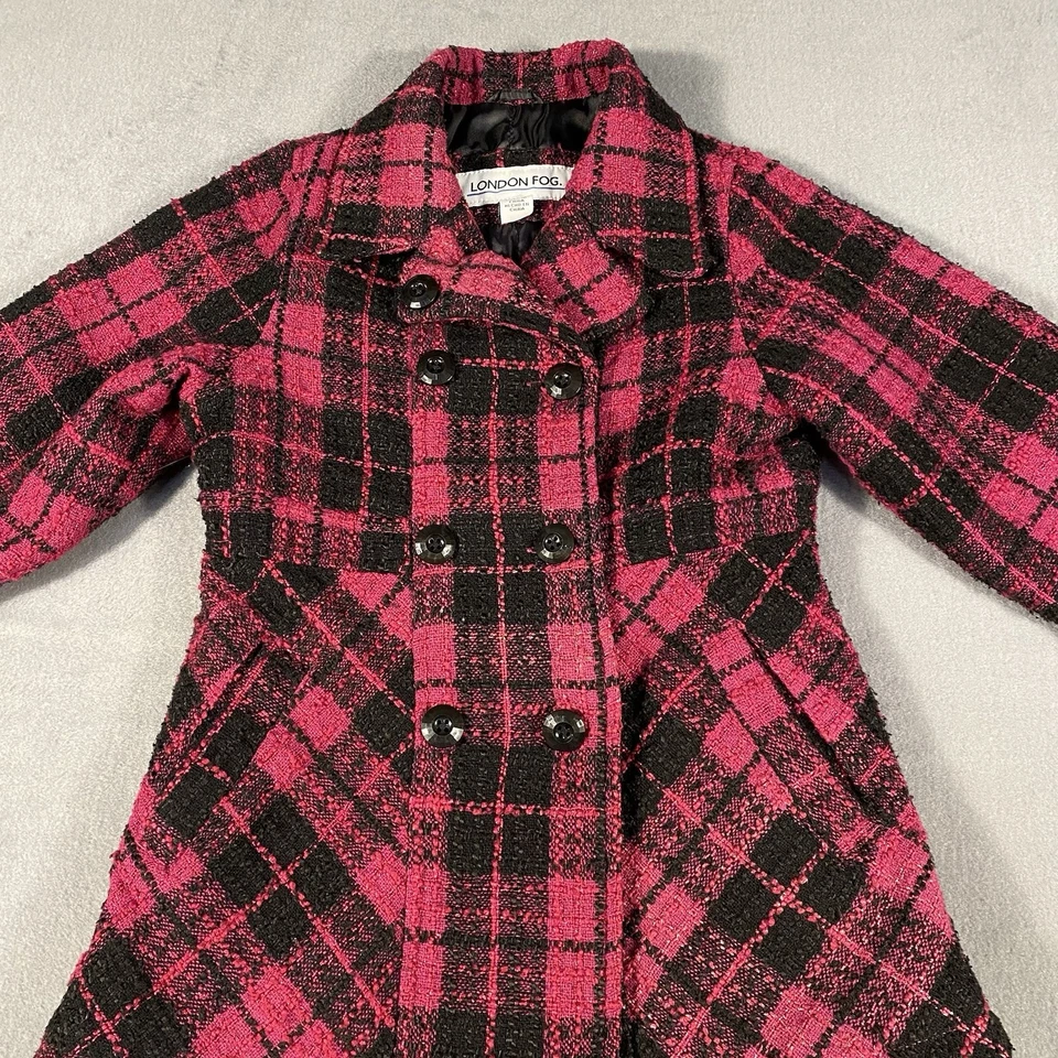 Chaqueta chaquetón a cuadros rosa y negro London Fog para niñas, talla 6, forro negro Foto 2 de 4