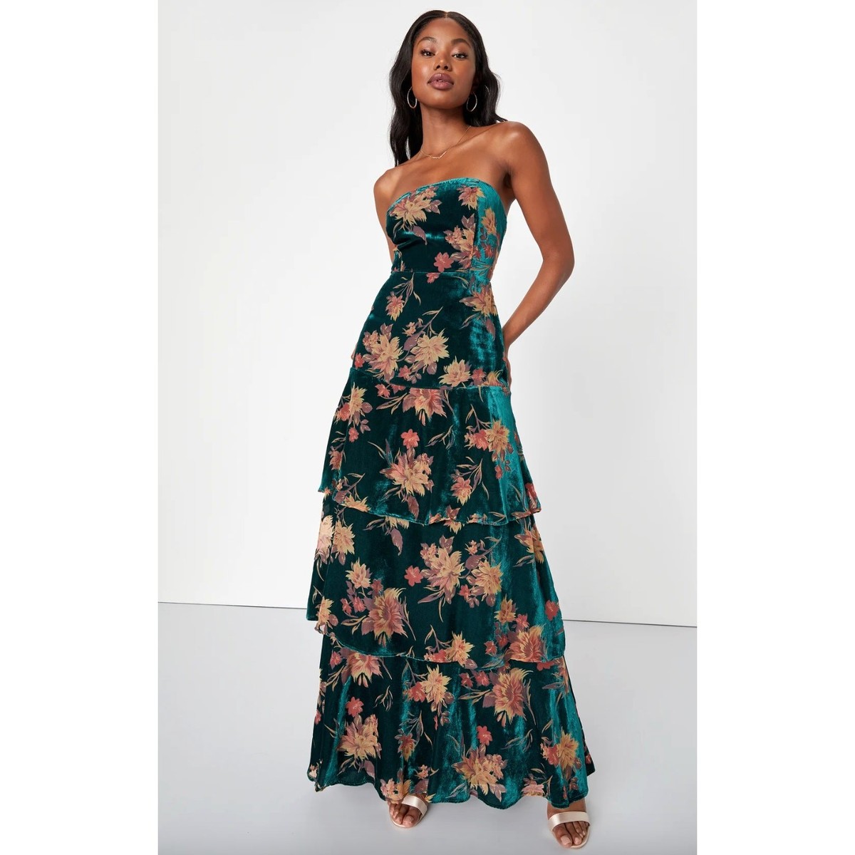 emerald floral bridesmaid dress Lisa Matte Satin Dress in Emerald Garden Party