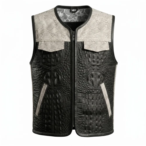 Men's Crocodile Embossed Leather Biker Vest Black Python Motorcycle Riding Vest