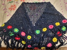 Vintage Handmade Crochet Triangle Shawl - Blue Flower Boho Fringe Wrap Scarf