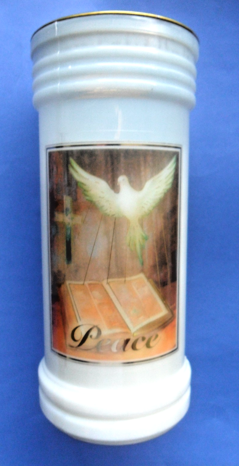Pillar candle , white in windproof container. ""PEACE""