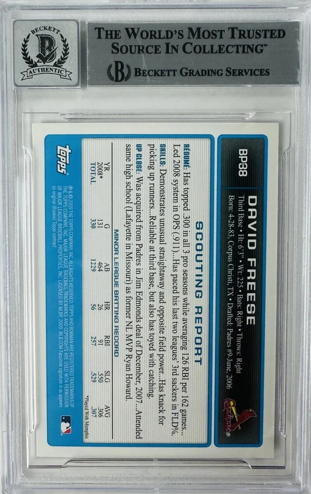 DAVID FREESE SIGNED 2009 BOWMAN GOLD ROOKIE RC CARD AUTOGRAPH CARDINALS BAS 10 - Image 2 of 2