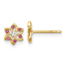 14k Yellow Gold Polished Red and White CZ Flower Button Stud Earringsfor Mother