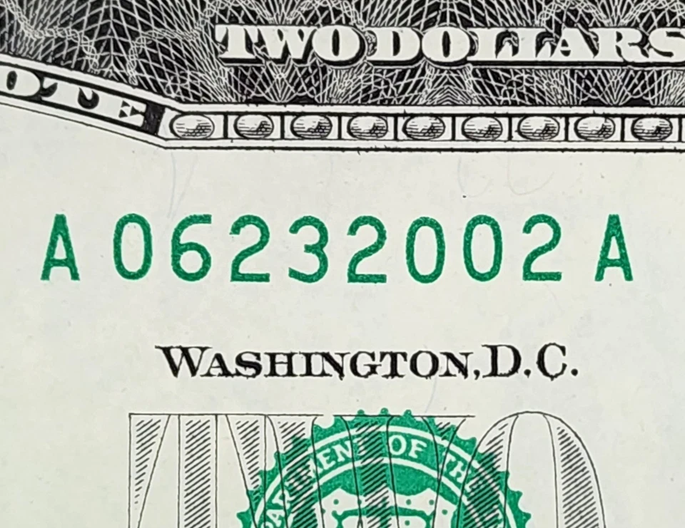 JUNE 23 2002 UNC $2 DOLLAR BILL ~06232002~ FANCY SERIAL # BIRTHDAY ANNIV NOTE - Image 2 of 3