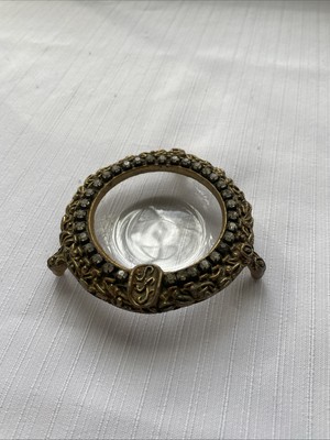 Celeste 1970 s Gold Metal And Crystal Footed Glass Ashtray Trinket Dish Bejewel
