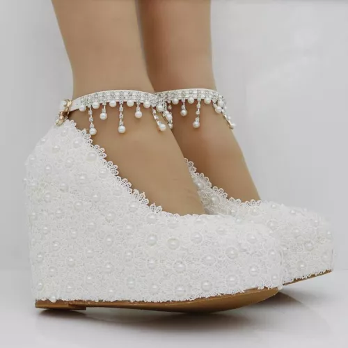 Frauen-Faux-Perlen-Spitze-Keil-Sandalen-Absatz-Plattform-Hochzeits-Braut-Schuhe - Bild 11 von 16
