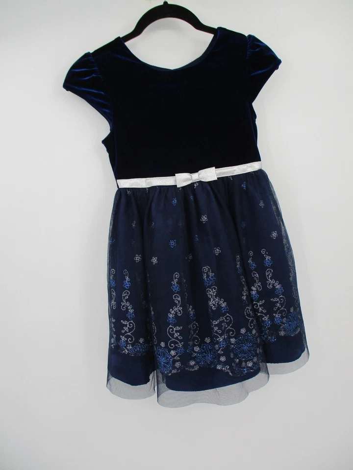 Vestido Jona Michelle Niñas 7 Azul Lentejuelas Forrado Mangas Cortas Botón Trasero Terciopelo Foto 2 de 4