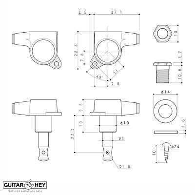 NEW Gotoh SG381-05 R6 Set 6 In Line Mini Tuners W/ Screws LEFT HANDED - GOLD - Foto 3