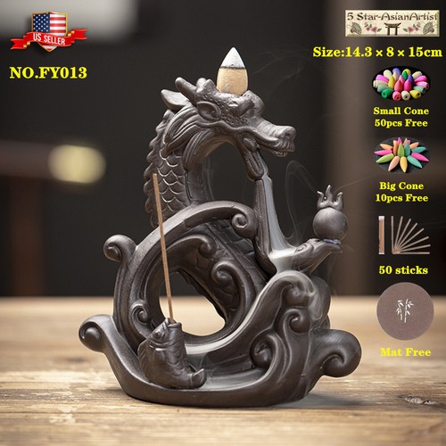Ceramic Backflow Incense Burner Dragon Mountain Waterfall 060 & 60pcs Cones Gift - Picture 6 of 32