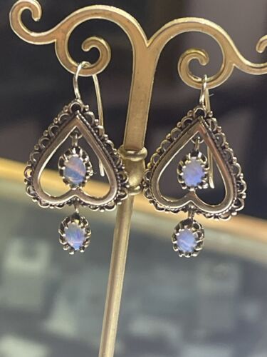 Antique 14k Yellow Gold Hearts Australian Fire Opal Dangle Earrings - Picture 4 of 15
