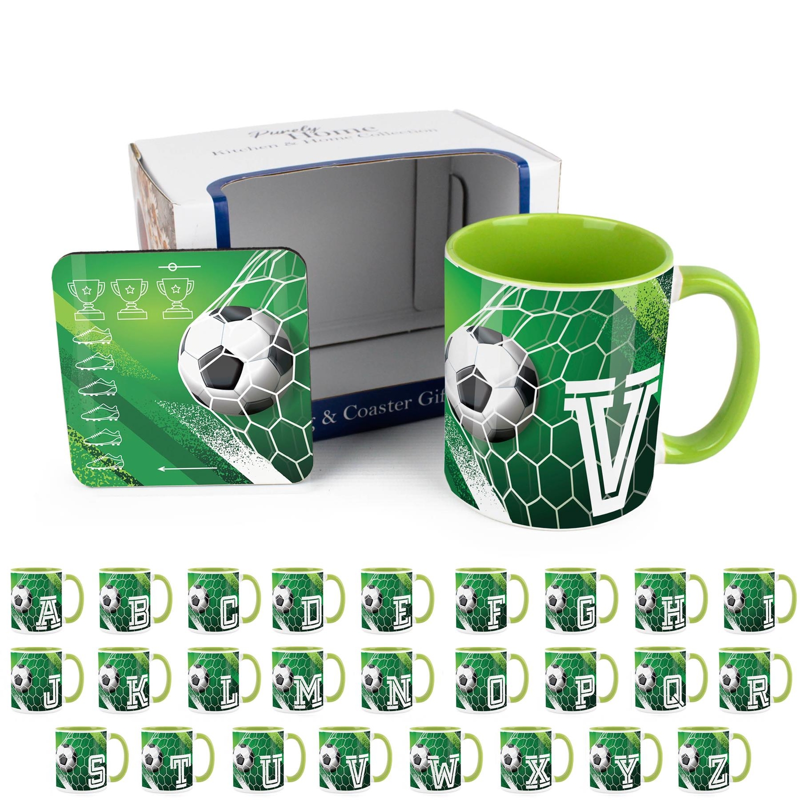 Football Letter V Mug & Coaster Gift Set - Ceramic Cup Present for Football Fans