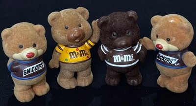 4 Vintage 1987 Chocolate Chum Bears M&M's Plain & Peanut Snickers Mars Flocked