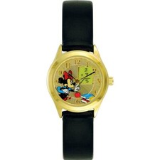 Minnie Mouse Teacher Watch w/Goldtone Case, Champagne Dial Black Leather Dial