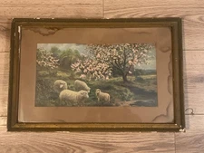 Vintage F. A. Blieckert Chromolithograph – Sheep Pasture Blossom Tree Scene