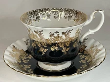 ROYAL ALBERT “Regal Series” Black White & Gold Bone China Footed Cup And Saucer