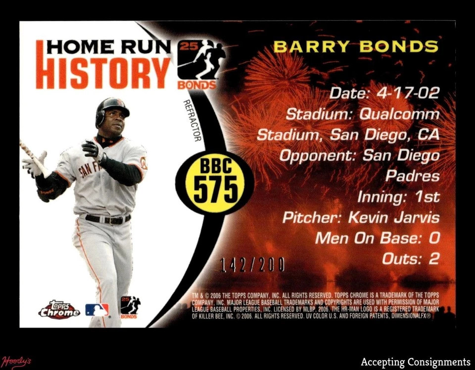 2006 Topps Chrome Home Run History Black Refractor #BBC575 Barry Bonds 142/200 - Image 2 of 2
