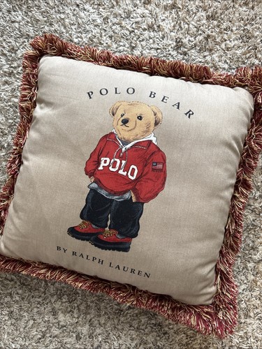 POLO BEAR RALPH LAUREN GOOSE DOWN PILLOW VINTAGE USA 18”x18” PICNIC GINGHAM BACK - Picture 2 of 11