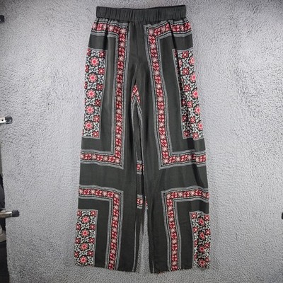 Zara Basic Womens Sz S Floral Scarf Print Wide Leg Pants Elastic Waist Green Red