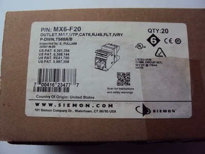 Siemon MX6-F20 Outlet, MAX, UTP, CAT 6, RJ-45, Flat Ivory Jack , New Box/20