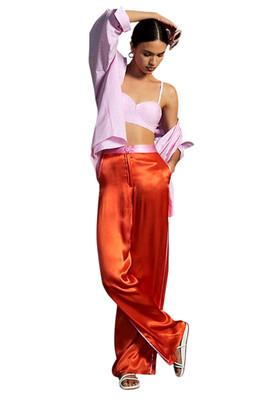 COREY LYNN CALTER Women's Size Small Orange Pink Trim Satin Wide-Leg Sam Pants