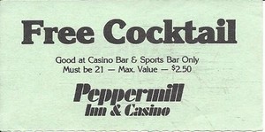 Peppermill Casino - Reno, NV - Vintage Paper Drink Coupon/Token