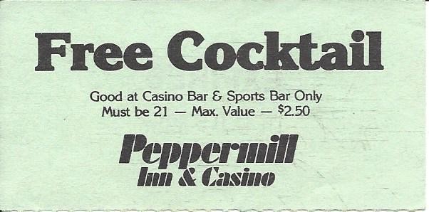 Peppermill Casino - Reno, NV - Vintage Paper Drink Coupon/Token