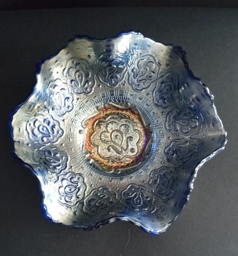 Fenton Carnival Glass Blue Persian Medallion 6 inch Ruffled Bowl