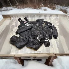 ✅VTG Choko Formula Racing Black Leather Snowmobile Jacket Bibs Gloves Mens LARGE
