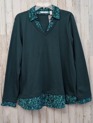 Izaac Mizrahi Live Top Womans L Green Floral Mock Layered Collared Preppy Casual