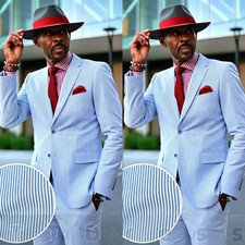 Blue Seersucker Men Suits Slim Fit Wedding Groom Summer Formal Eventing Blazer