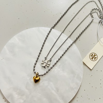 Tory Burch Halskette Logo Silber Anhänger doppellagig Neu