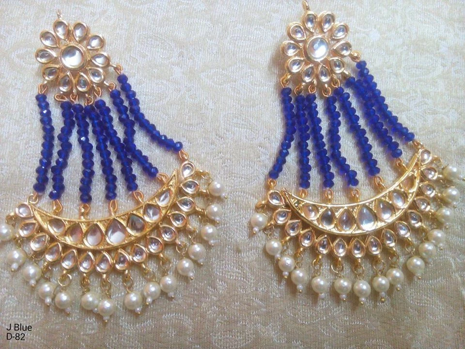 Традиционные этнические золотистые серьги вечеринки Chand Bali Jhumka верхний синий бусина Kundan - Изображение 2 из 2
