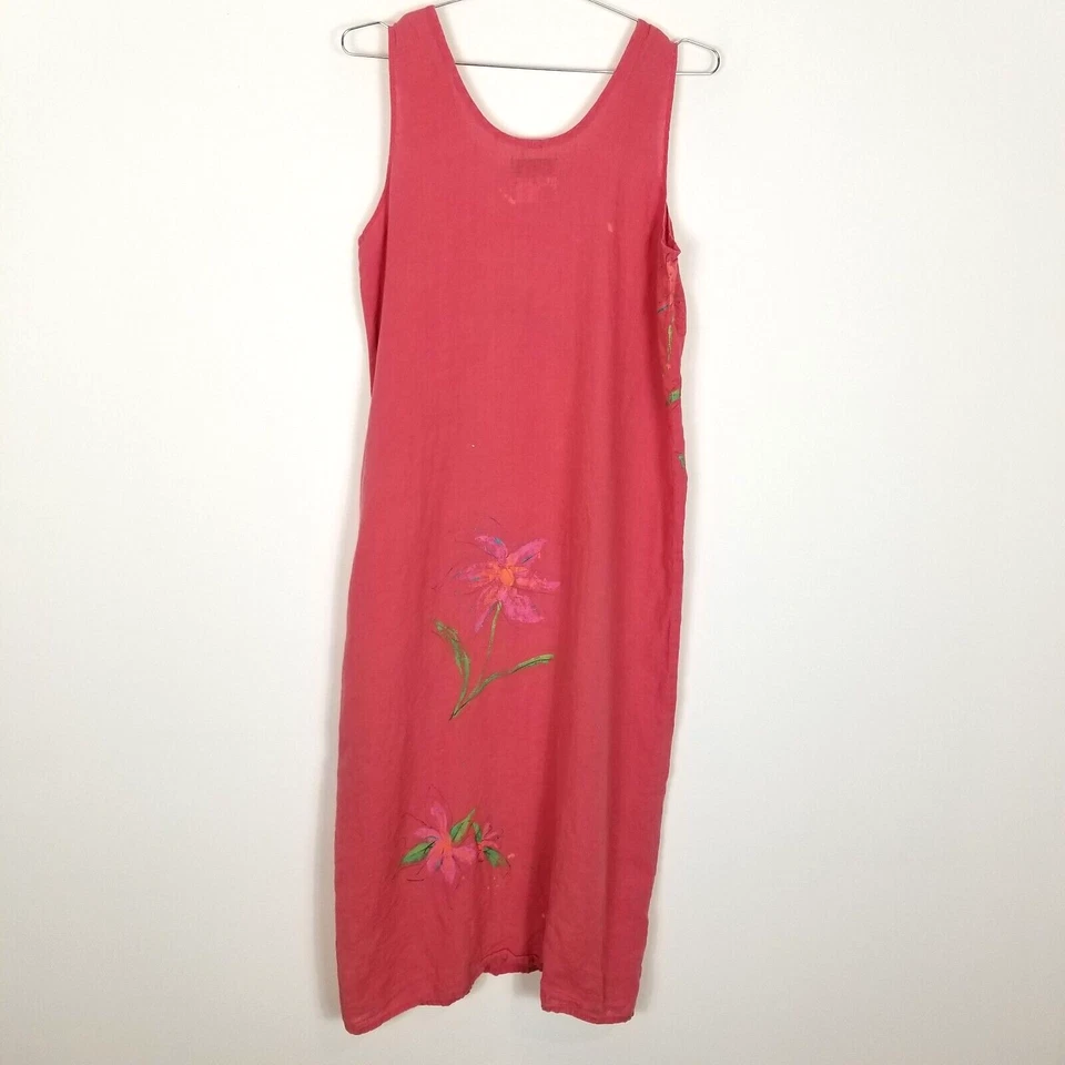 Maxi Vestido Lino Mujer Talla M Rosa Artístico Floral Sin Mangas Lagenlook Abertura Foto 4 de 4