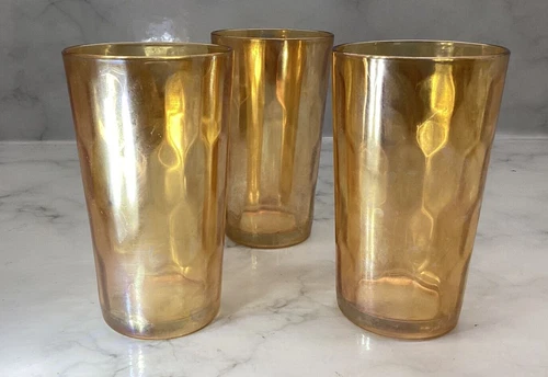 VTG. Jeanette Hex Optic Iridescent Depression Glass Marigold  Tumblers Set Of 3