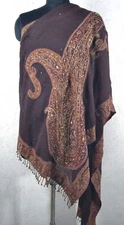 Brown Hand-Beaded Scarf. Jacquard Weave Shawl. Soft Warm 100% Cashmere Pashmina
