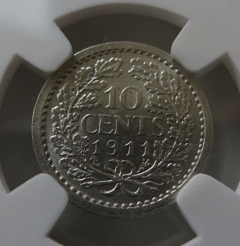NETHERLANDS 10 cents 1911 NGC MS 62 UNC Queen Wilhelmina Silver Graded Wreath
