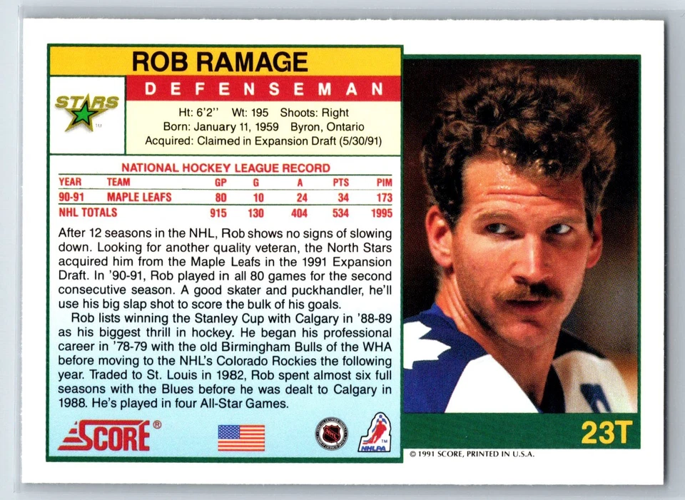 1991-92 Score Rookie and Traded Rob Ramage Minnesota North Stars #23T - Image 2 of 2