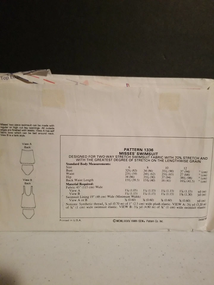 Kwik Sew 1336 Baby Doll Swimsuit 6 8 10 12 Pattern Vintage 70s Look CUT - Image 2 of 3