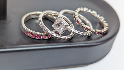 Set of 4 DIVANI Stackable Silver Tone PINK  Stone CZ Solitaire RINGS Size 8