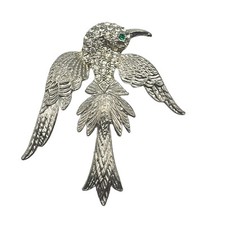 Vintage Art Deco Rhinestone Bird of Paradise Silver Tone Pot Metal Brooch Pin