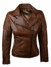 Women Biker Motorcycle Vintage Brown Waxed Real Leather Jacket