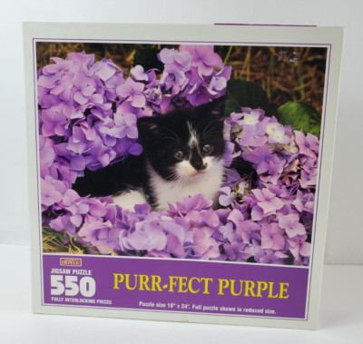 Vtg 1997 Hoyle 550 Piece Jigsaw Puzzle Purr-fect Purple Cat Floral 18''x23''