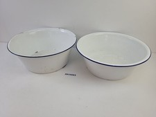 2x Wasch-Sch&uuml;sseln Emaille Pflanzgef&auml;&szlig; Deko wei&szlig;, blauer Rand &oslash;41cm alt #2610083