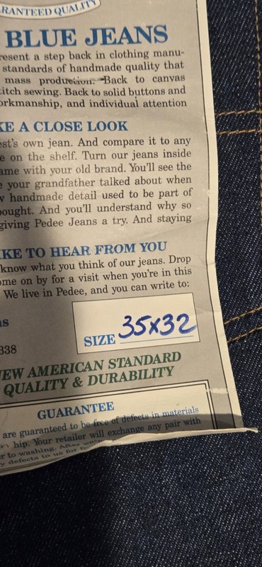 Vintage Deadstock PeeDee Jeans Raw Denim Blue Jeans Size 35x32 New W/tags 1980s