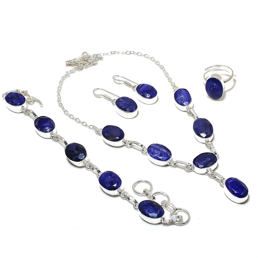 Juego de collar de joyería de moda hecho a mano con piedras preciosas de zafiro azul facetado con forma ovalada Foto 2 de 4