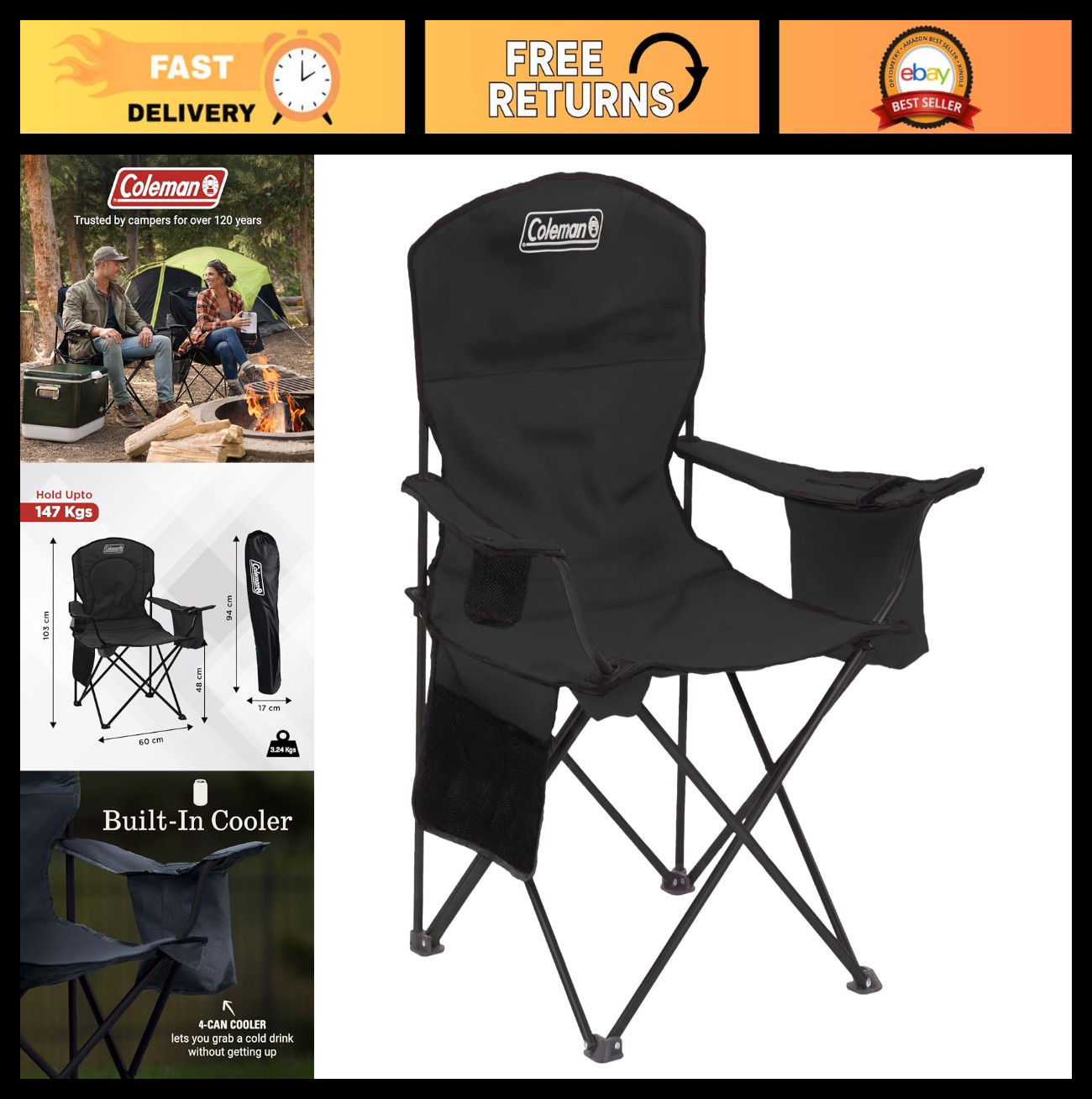 Portable Camping Chair with Cooler, Cushioned Seat & Back, Side Pockets, Cup Hol